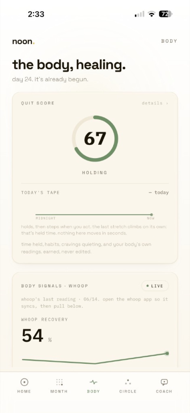 Noon app body screen with quit score and live recovery data