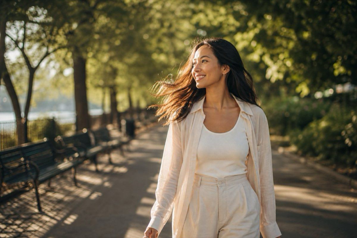 A person walking outside in warm evening light